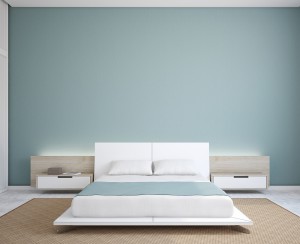 Modern bedroom interior with blue wall. Minimalism. 3d render.