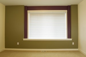 Horizontal photo of interior residential home accent wall painted green with large window and shade in background