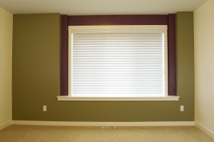 Horizontal photo of interior residential home accent wall painted green with large window and shade in background